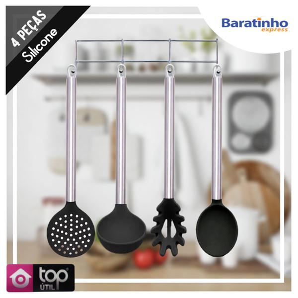 Imagem de Kit Utensílios 4 Peças De Silicone Cabo Aço Inox Cozinha