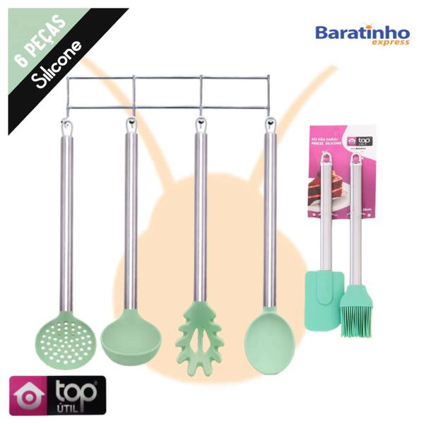 Imagem de Kit Utensílios 6 Peças De Silicone Cabo Aço Inox Verde Claro