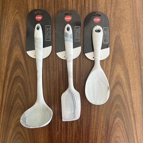 Imagem de Kit Utensílios Colher Concha Espátula Silicone Mármore 3 Pcs