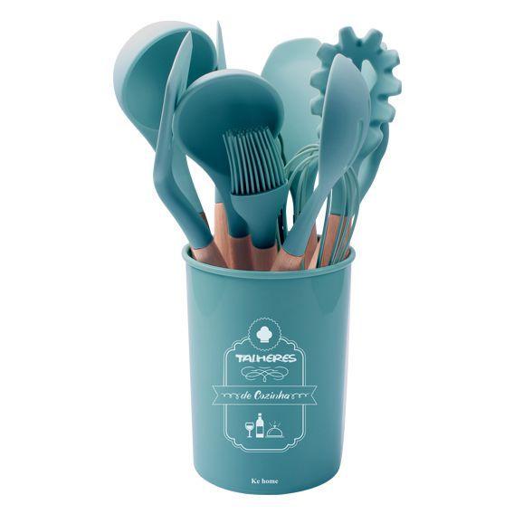 Imagem de Kit Utensílios Colheres Silicone Bambu 12 Peças c/ Suporte 