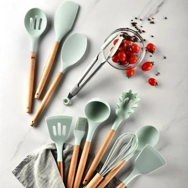 Imagem de Kit Utensílios Cozinha 12 Peças Silicone Antiaderente VERDE