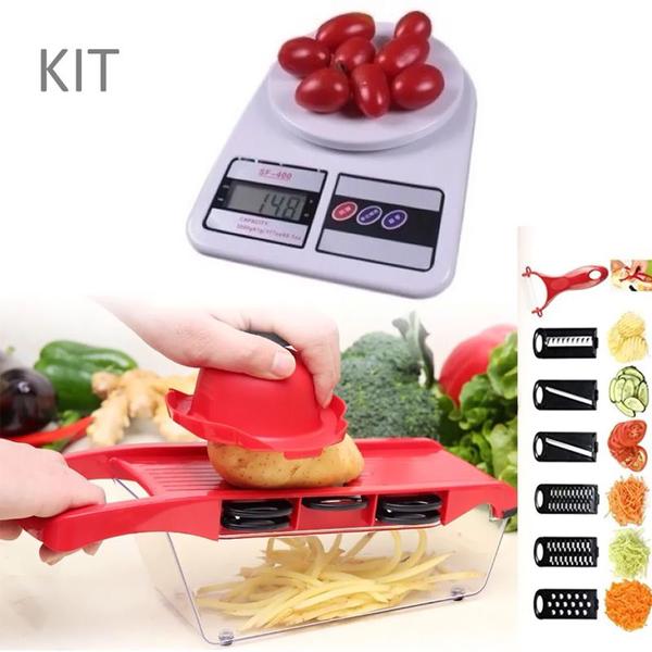 Imagem de Kit Utensílios Cozinha Balança Digital Precisão Cortador Legumes Fatiador 6 em 1