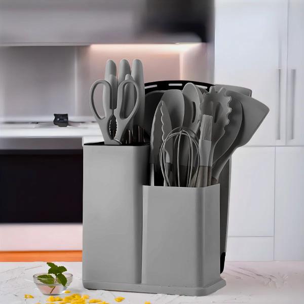 Imagem de Kit Utensílios Cozinha Cinza 19 Peças Silicone Madeira Inox