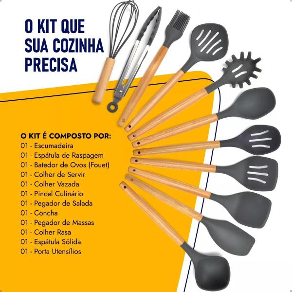 Imagem de Kit Utensílios Cozinha em Silicone e Cabo de Madeira 12 Peças Várias Cores