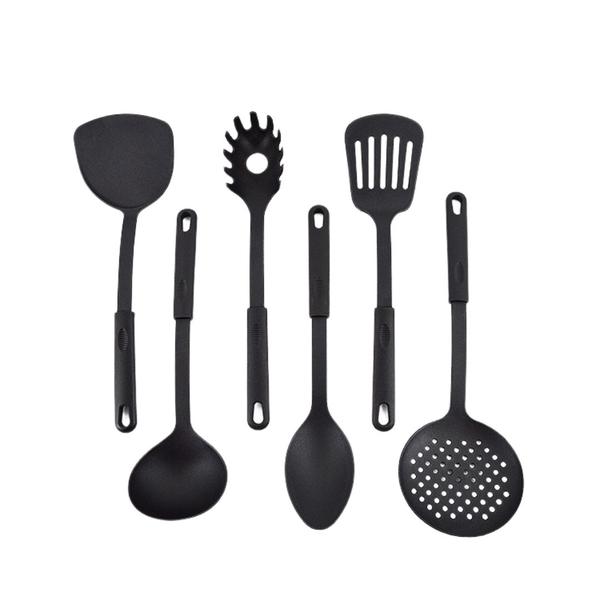 Imagem de Kit Utensílios Cozinha Nylon 6 Peças Colher Concha Escumadeira Espátula e Pegadores Preto