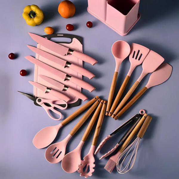 Imagem de Kit Utensílios Cozinha Rosa 19 Peças Silicone Madeira Inox