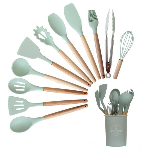 Imagem de Kit Utensílios Cozinha Silicone 12 Peças Cabo de Madeira