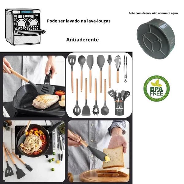 Imagem de Kit Utensilios Cozinha Silicone Colher Copo Suporte 12 Peças