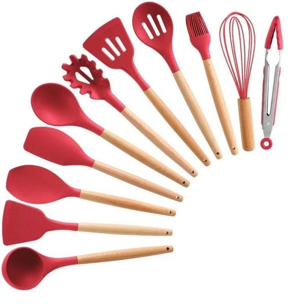 Imagem de Kit Utensílios Cozinha Silicone Colher Copo Suporte 13 Peças