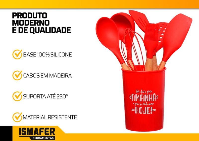 Imagem de Kit Utensílios Cozinha Silicone Colher Copo Suporte 8 Peças