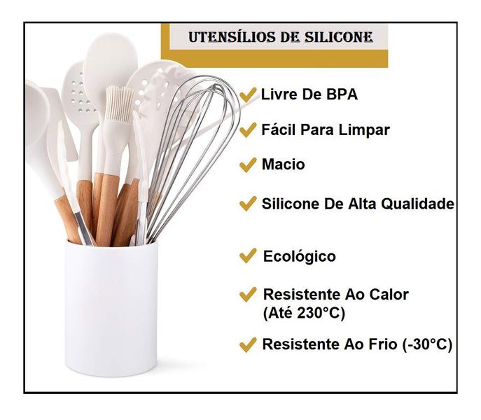 Imagem de Kit Utensílios Cozinha Silicone Com Bambu Branco 11 Peças