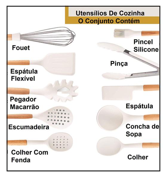 Imagem de Kit Utensílios Cozinha Silicone Com Bambu Branco 11 Peças