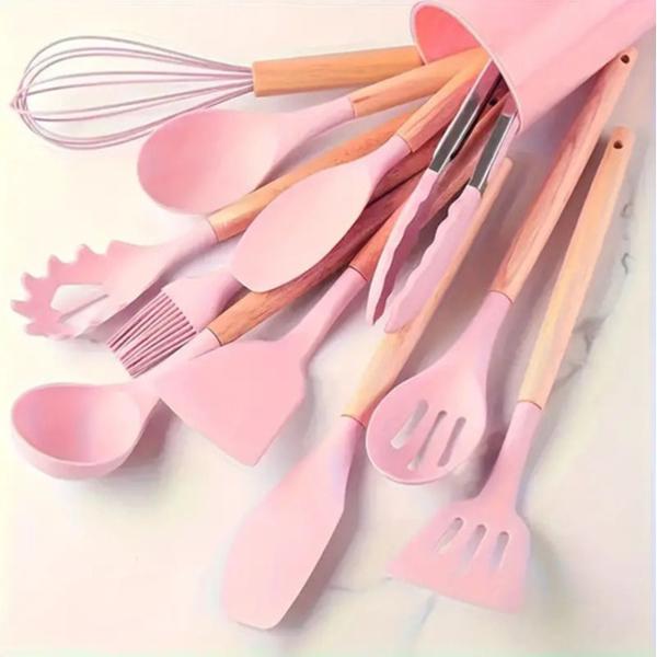 Imagem de Kit Utensílios Cozinha Silicone e Bambu 12 Peças Rosa