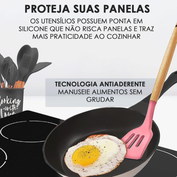 Imagem de Kit Utensílios Cozinha Silicone e Madeira Escumadeira Colher Pegador Fue Suporte 12 peças 