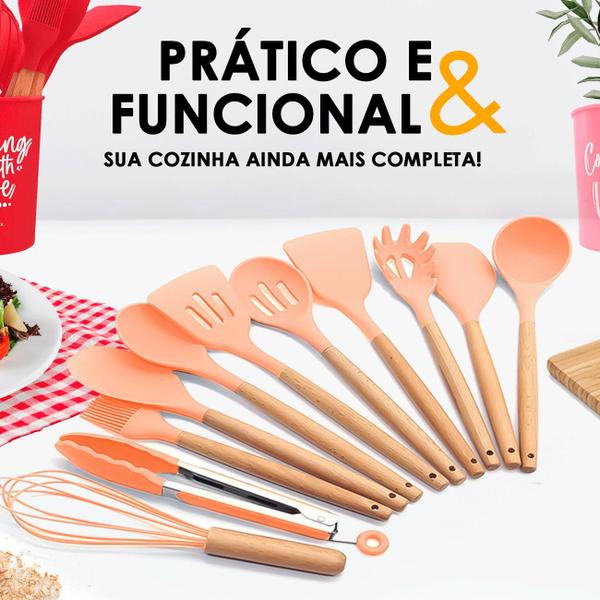 Imagem de Kit Utensílios Cozinha Silicone e Madeira Escumadeira Colher Pegador Fue Suporte 12 peças 