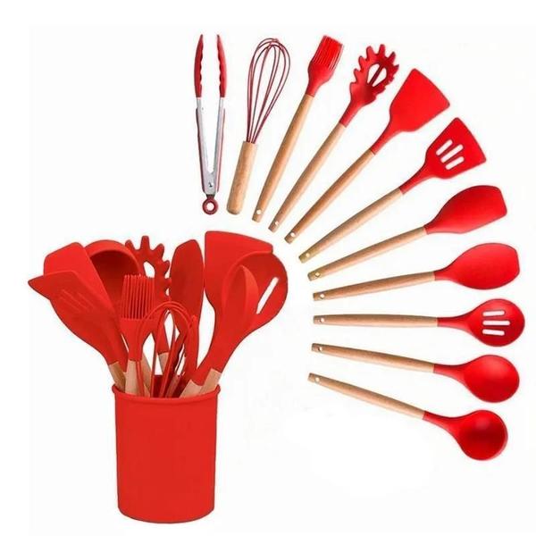 Imagem de Kit Utensílios Cozinha Silicone E Madeira Premium 12 Peças