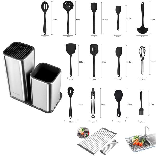 Imagem de Kit Utensilios Cozinha Silicone Inox Colheres Jogo 15 Peças