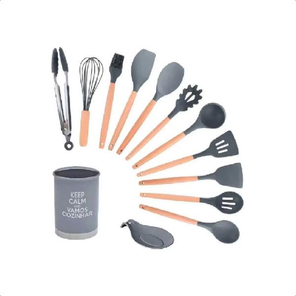 Imagem de Kit Utensílios Cozinha Silicone Inox MDF 13 Peças