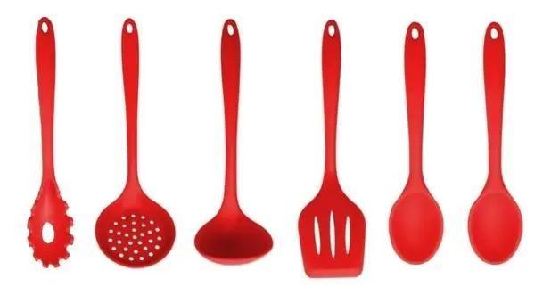 Imagem de Kit Utensílios Cozinha Silicone Maciço Vermelho Colheres 10pçs