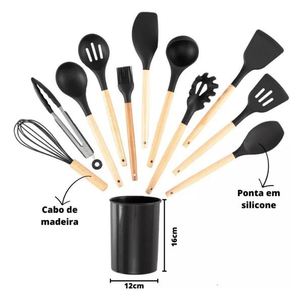 Imagem de Kit Utensílios Cozinha Talher Silicone 12 Peças Cabo Madeira