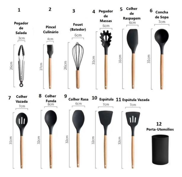 Imagem de Kit Utensílios Cozinha Talher Silicone 12 Peças Cabo Madeira