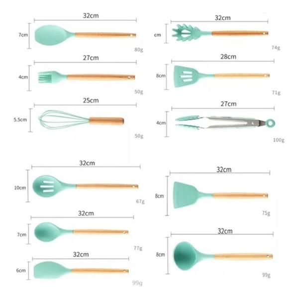 Imagem de Kit Utensílios Cozinha Talher Silicone 12 Peças Cabo Madeira