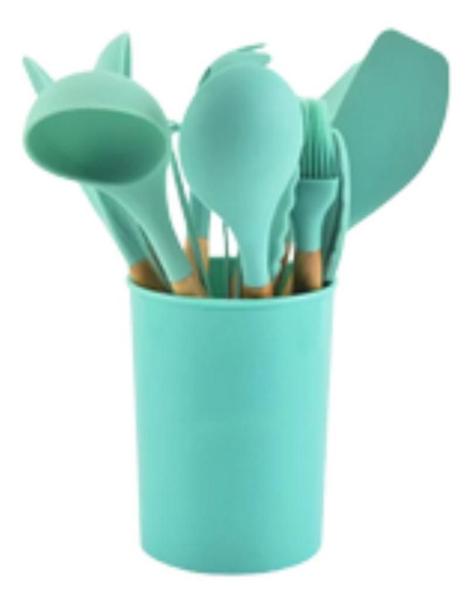 Imagem de Kit Utensílios Cozinha Talher Silicone 12 Peças Cabo Madeira