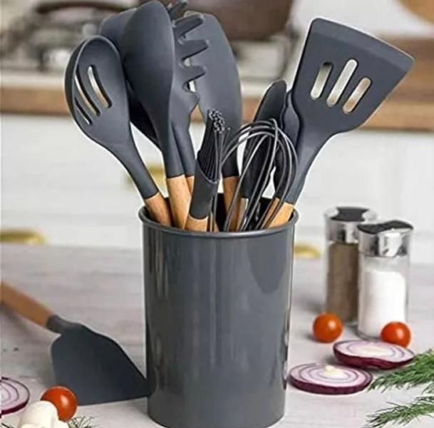 Imagem de Kit Utensílios Cozinha Talher Silicone 12 Peças Cabo Madeira