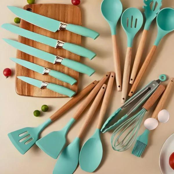 Imagem de Kit Utensílios Cozinha Verde 19 Peças Silicone Madeira Inox