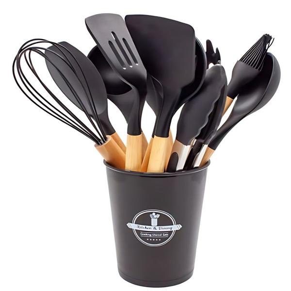 Imagem de Kit Utensílios De Cozinha 12 Peças Bambu Silicone Resistente