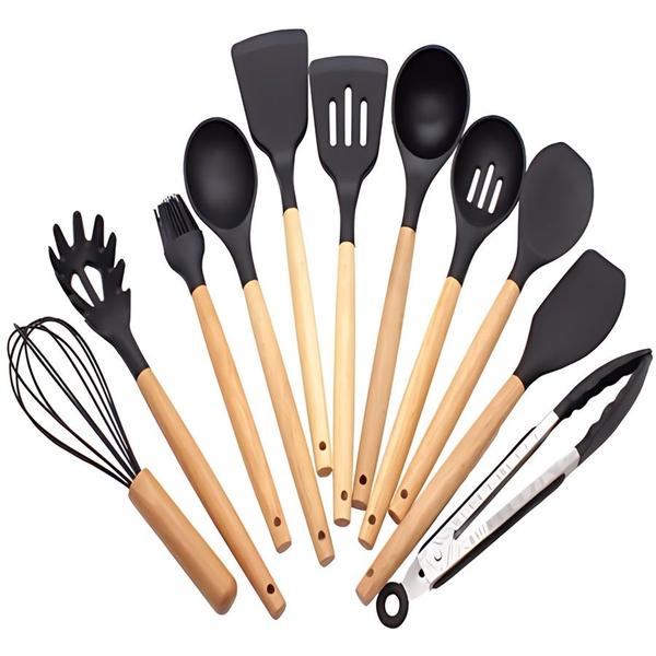 Imagem de Kit Utensílios De Cozinha 12 Peças Bambu Silicone Resistente