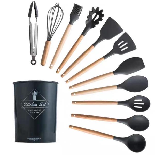 Imagem de Kit Utensílios De Cozinha 12 Peças Silicone C/ Cabo Madeira