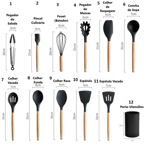 Imagem de Kit Utensílios De Cozinha 12 Peças Silicone C/ Cabo Madeira