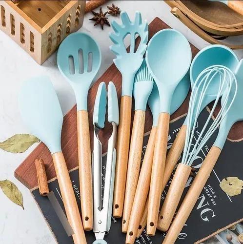 Imagem de Kit Utensílios De Cozinha 12 Peças Silicone Cesto Bambu