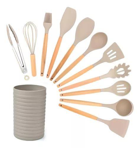 Imagem de Kit Utensílios De Cozinha 12 Peças Silicone Colorido Bege