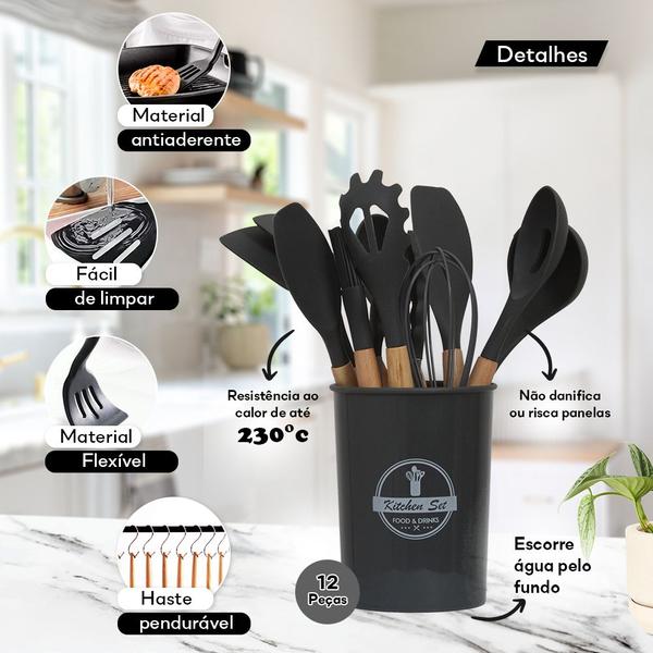 Imagem de Kit Utensílios De Cozinha 12 Peças Silicone E Madeira Cinza