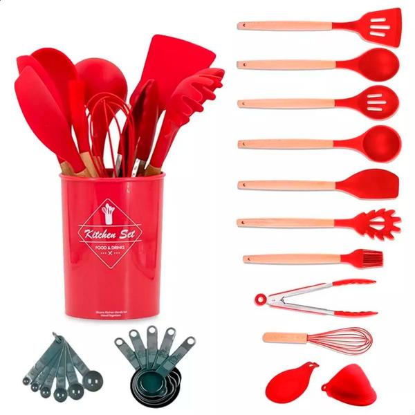 Imagem de Kit Utensílios de Cozinha 15 peças Em Silicone com Cabo de Madeira e Balde Organizador 