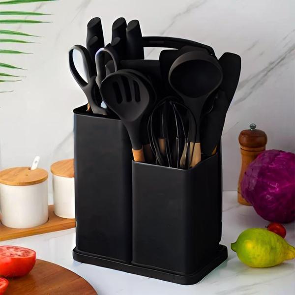 Imagem de Kit Utensílios De Cozinha 19 Pçs Completo Silicone Madeira Concha Tábua