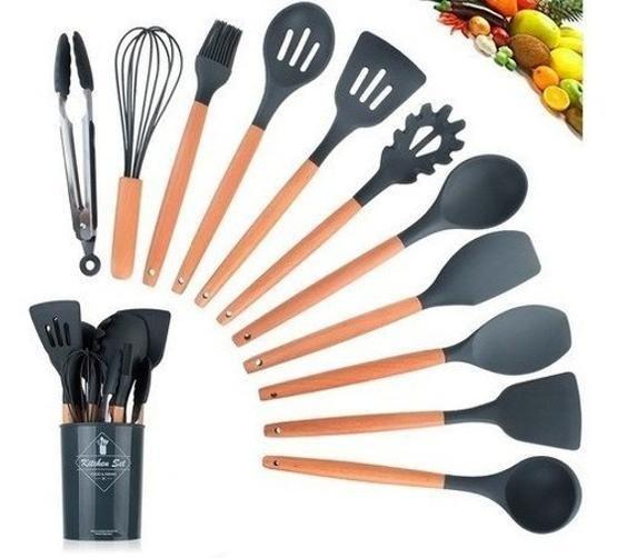 Imagem de Kit Utensílios De Cozinha Cabos Em Madeira E Silicone 11 Peç