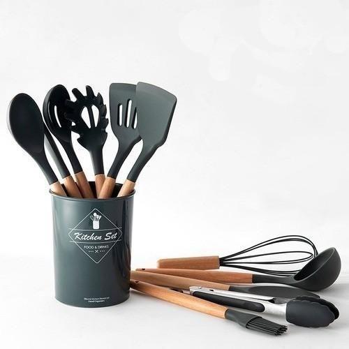 Imagem de Kit Utensílios De Cozinha Cabos Em Madeira E Silicone 11 Peç