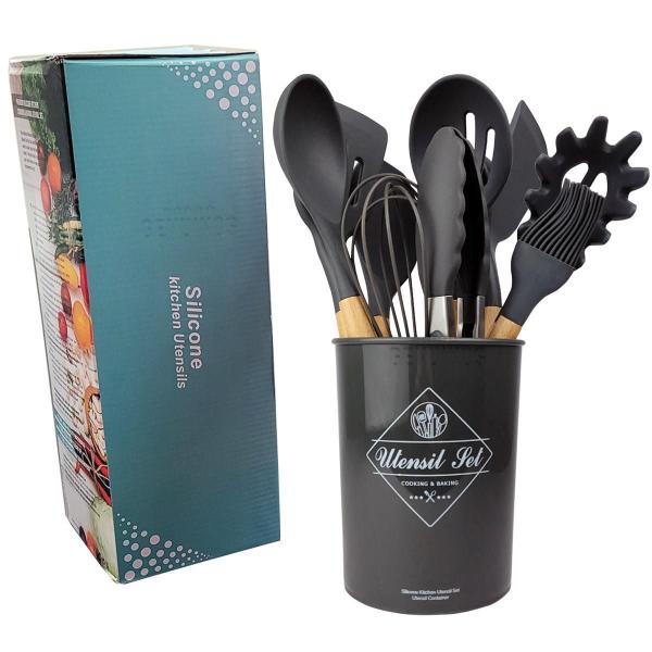 Imagem de Kit Utensílios De Cozinha Cabos Em Madeira E Silicone 11 Peç