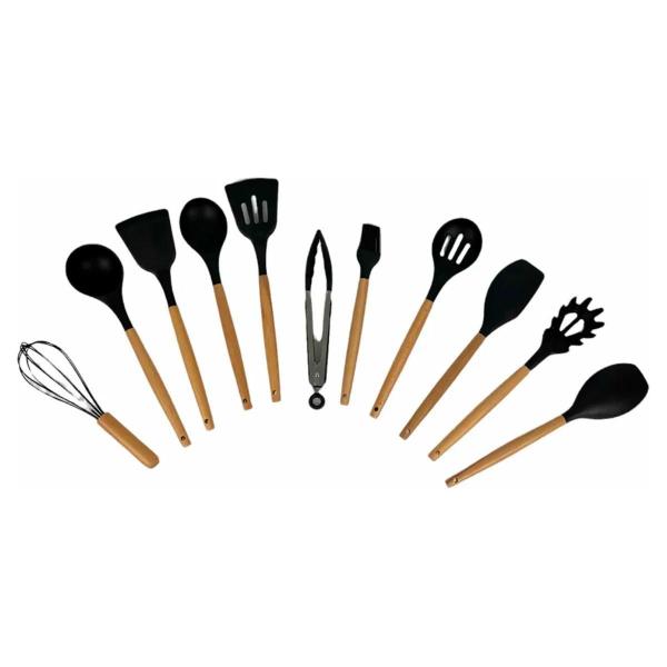 Imagem de Kit Utensílios De Cozinha Cabos Em Madeira E Silicone 11 Peç