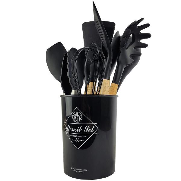 Imagem de Kit Utensílios De Cozinha Cabos Em Madeira E Silicone 11 Peç