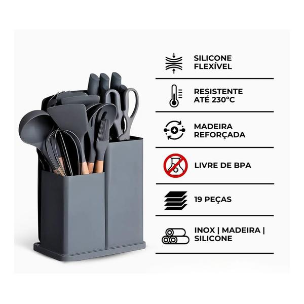 Imagem de Kit Utensílios de Cozinha Cinza Livre de BPA com 19 Peças