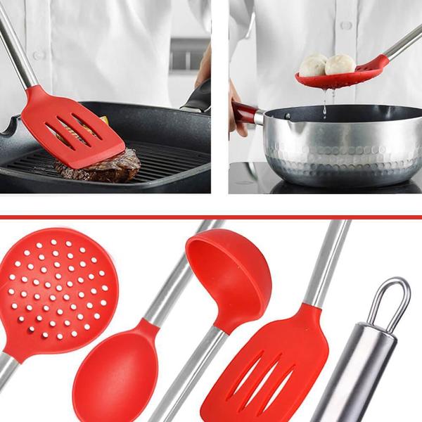 Imagem de Kit Utensílios De Cozinha De Silicone Vermelho Cabo Inox K4