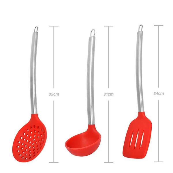 Imagem de Kit Utensílios De Cozinha De Silicone Vermelho Cabo Inox K4