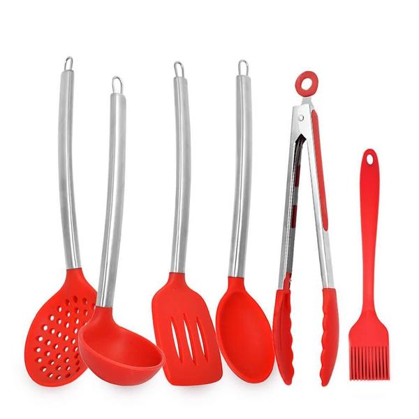 Imagem de Kit Utensílios De Cozinha De Silicone Vermelho Cabo Inox K4