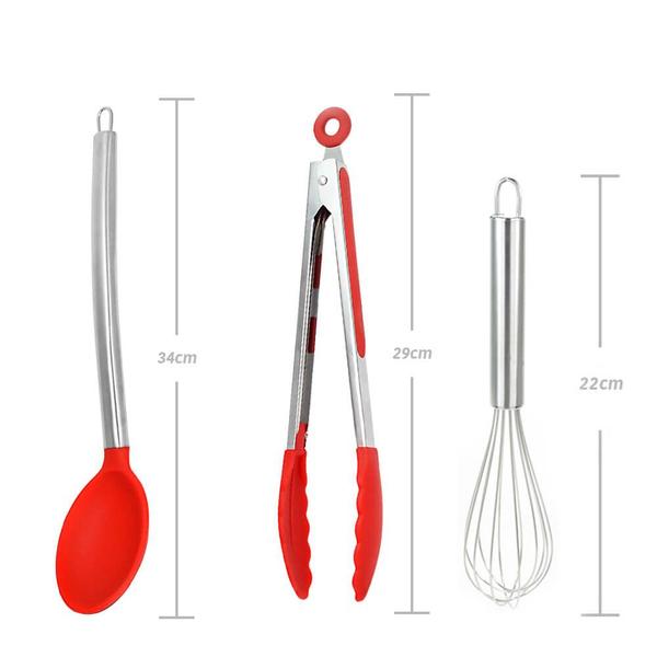 Imagem de Kit utensilios de cozinha de silicone vermelho cabo inox k4b