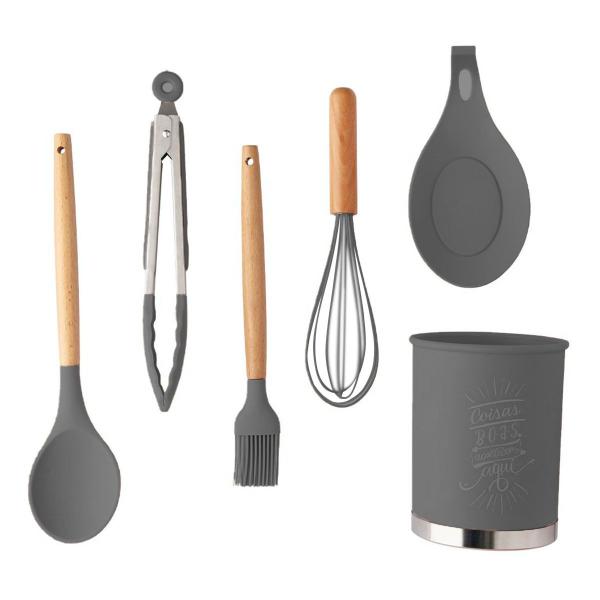 Imagem de Kit Utensílios De Cozinha Em Nylon e Madeira Cinza 13 Peças