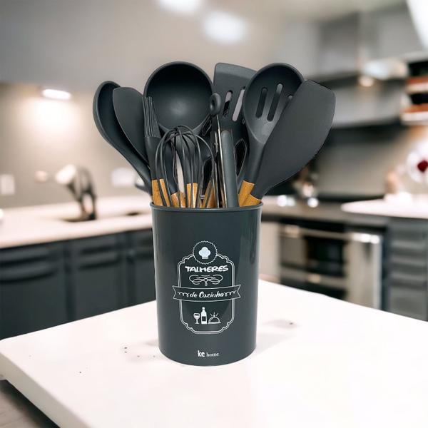 Imagem de Kit Utensílios De Cozinha Em Silicone C/Cabo Madeira 12Pçs